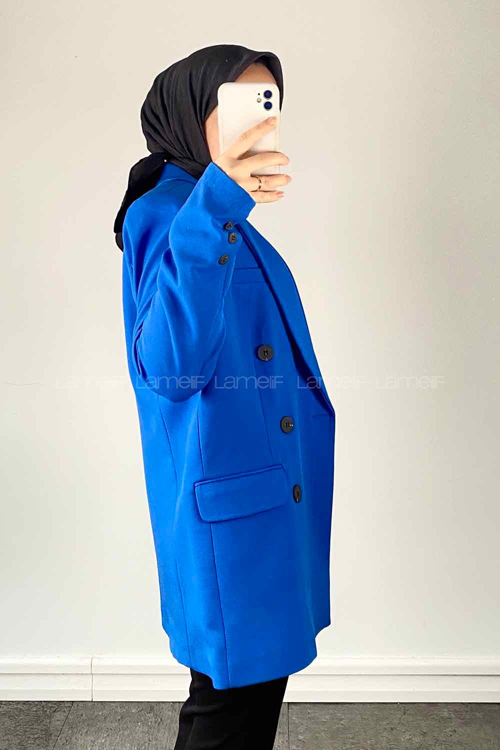 Blue V Neck Long Arm Poplin Fabric Jacket