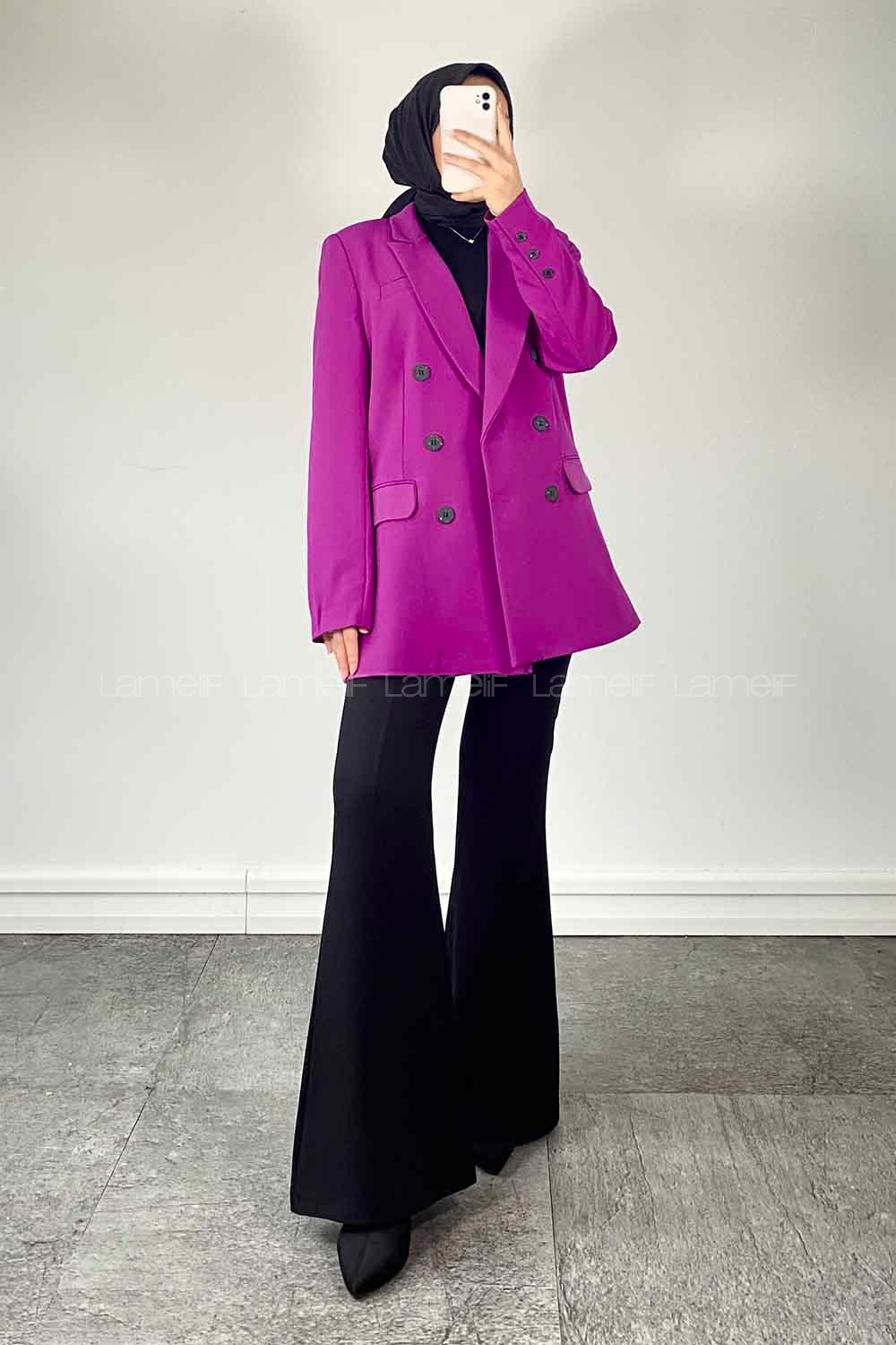 Purble V Neck Long Arm Poplin Fabric Jacket