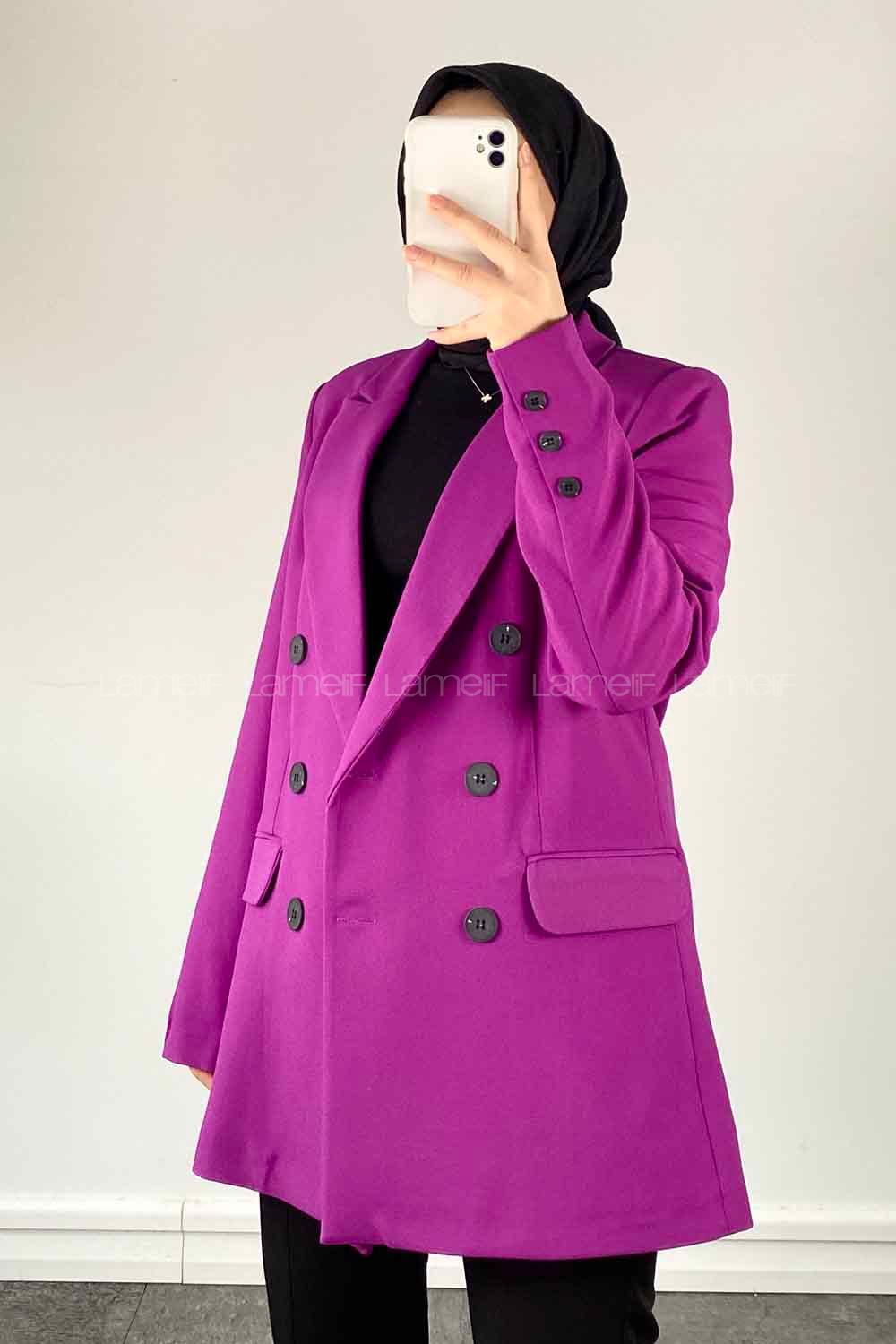Purble V Neck Long Arm Poplin Fabric Jacket