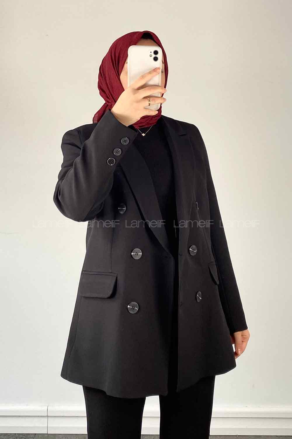 Black V Neck Long Arm Poplin Fabric Jacket