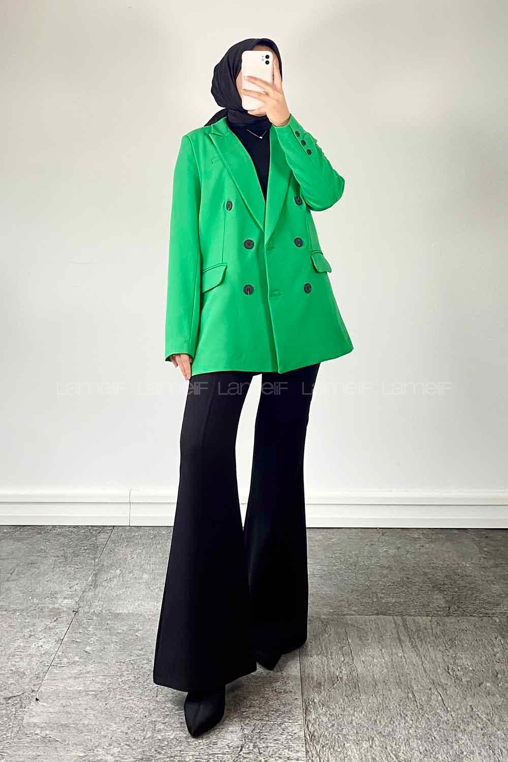 Green V Neck Long Arm Poplin Fabric Jacket