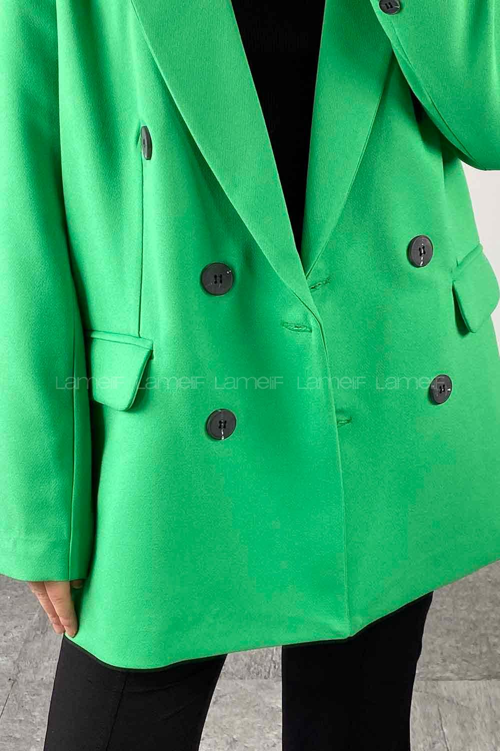 Green V Neck Long Arm Poplin Fabric Jacket