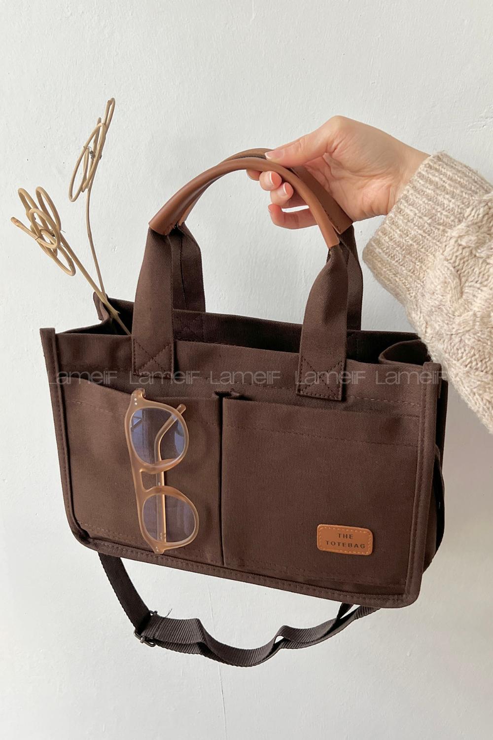 Lamelif Mini Kanvas Tote Bag Kadın Çapraz Çanta Acı Kahve