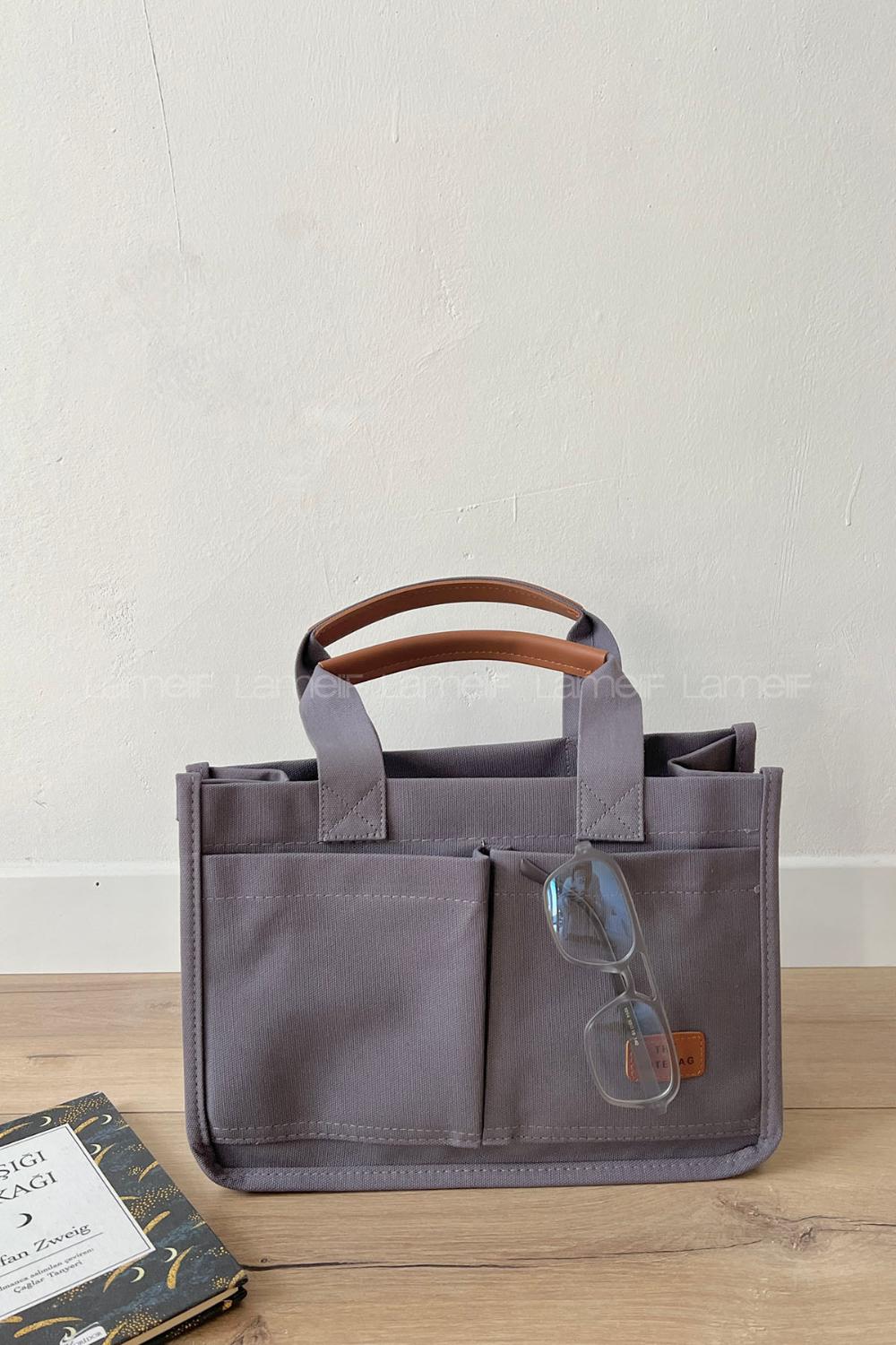 Lamelif Mini Kanvas Tote Bag Kadın Çapraz Çanta Füme