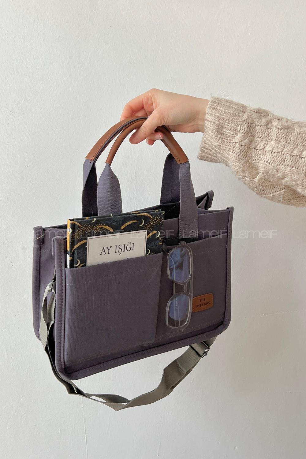 Lamelif Mini Kanvas Tote Bag Kadın Çapraz Çanta Füme