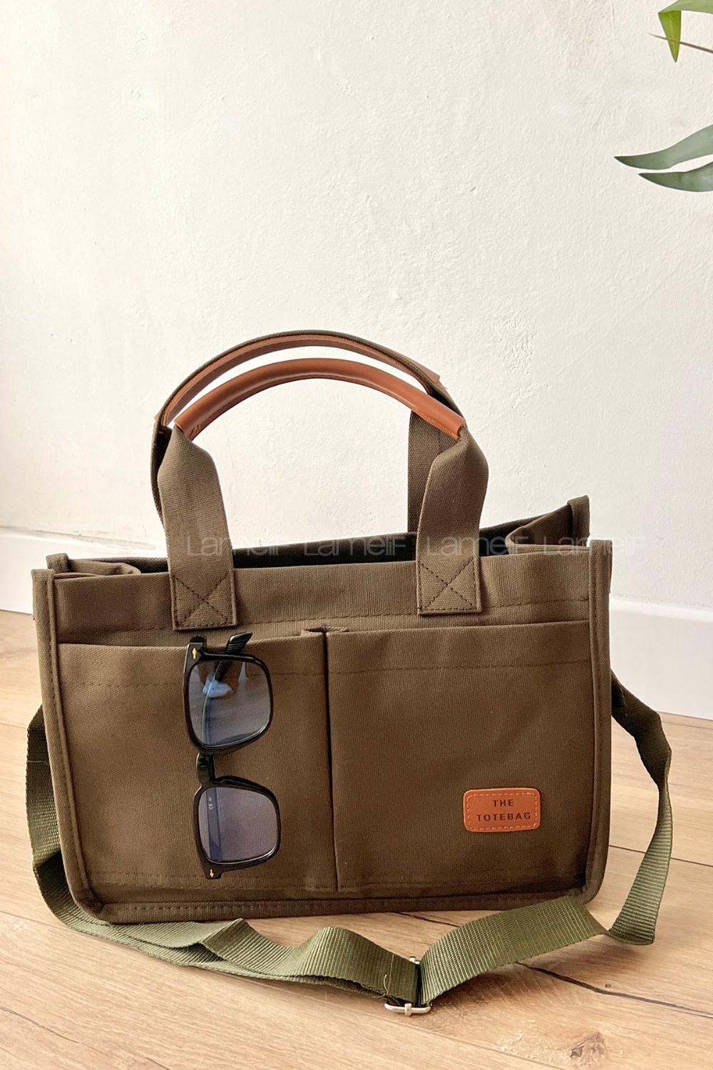 Lamelif Mini Kanvas Tote Bag Kadın Çapraz Çanta Haki