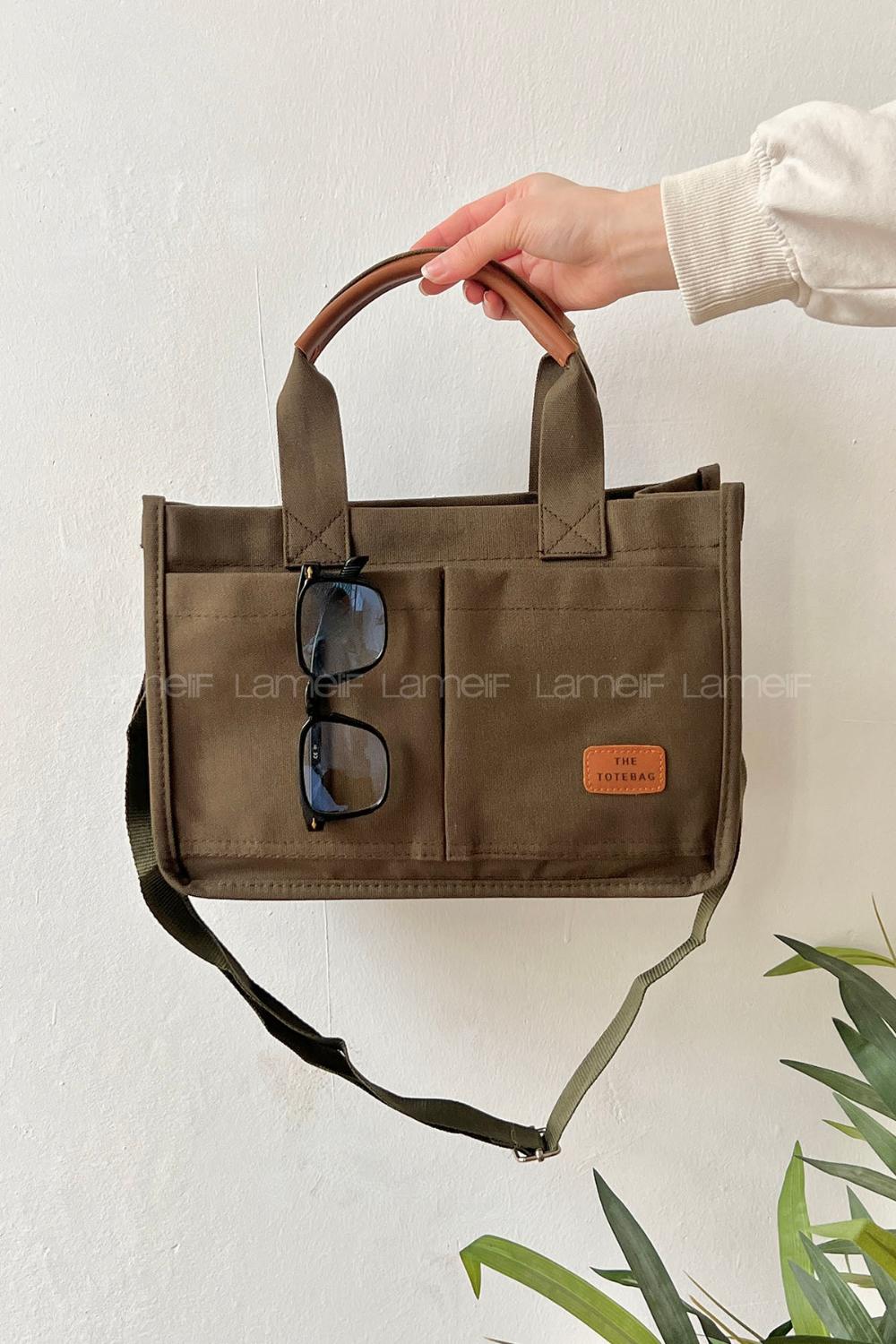 Lamelif Mini Kanvas Tote Bag Kadın Çapraz Çanta Haki