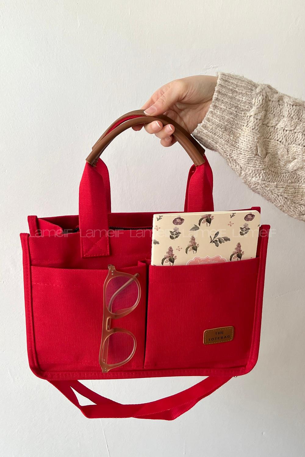 Lamelif Mini Kanvas Tote Bag Kadın Çapraz Çanta Kırmızı