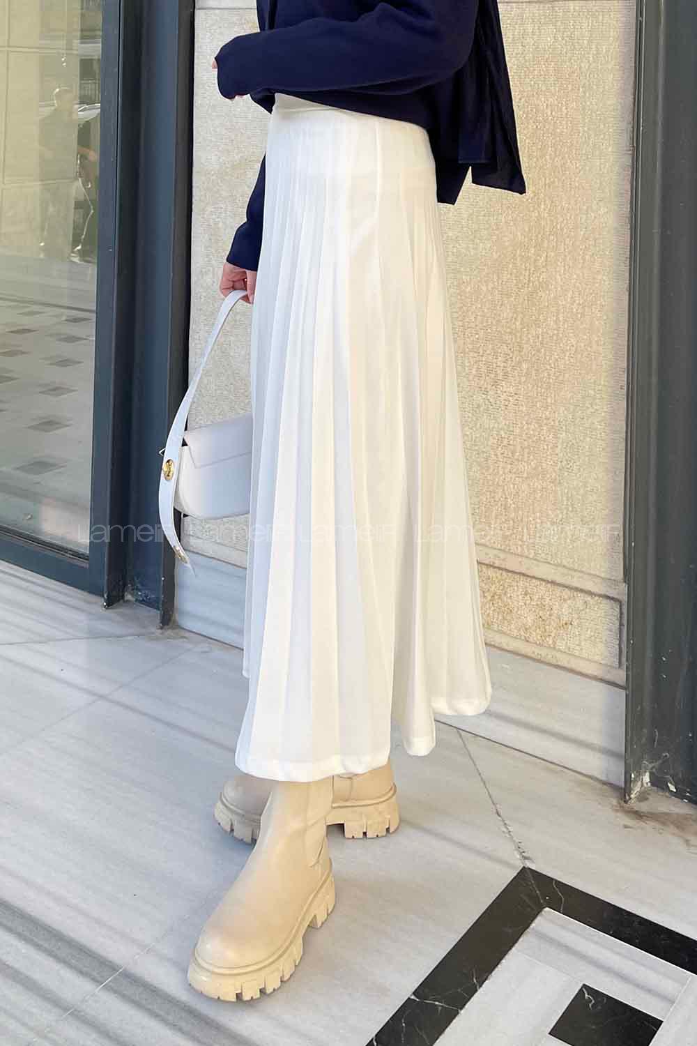 White Viscose Fabric Unprinted Pleated Skirt