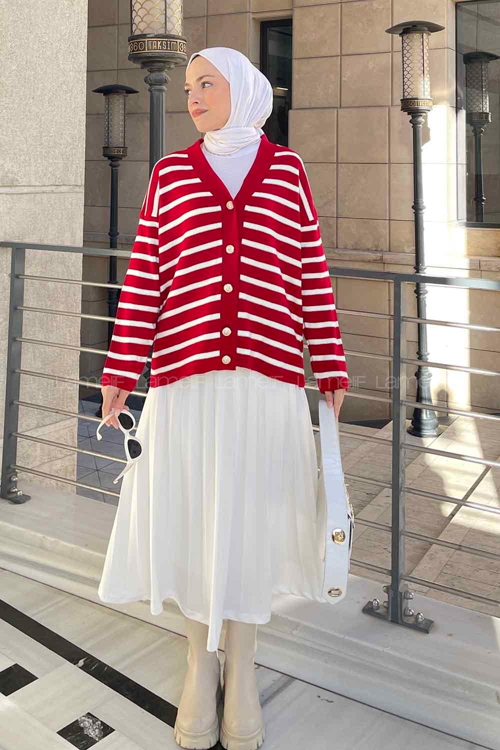 Lamelif  Aliisha Çizgili Triko Kazak  Kırmızı