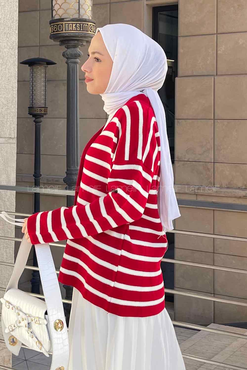 Lamelif  Aliisha Çizgili Triko Kazak  Kırmızı