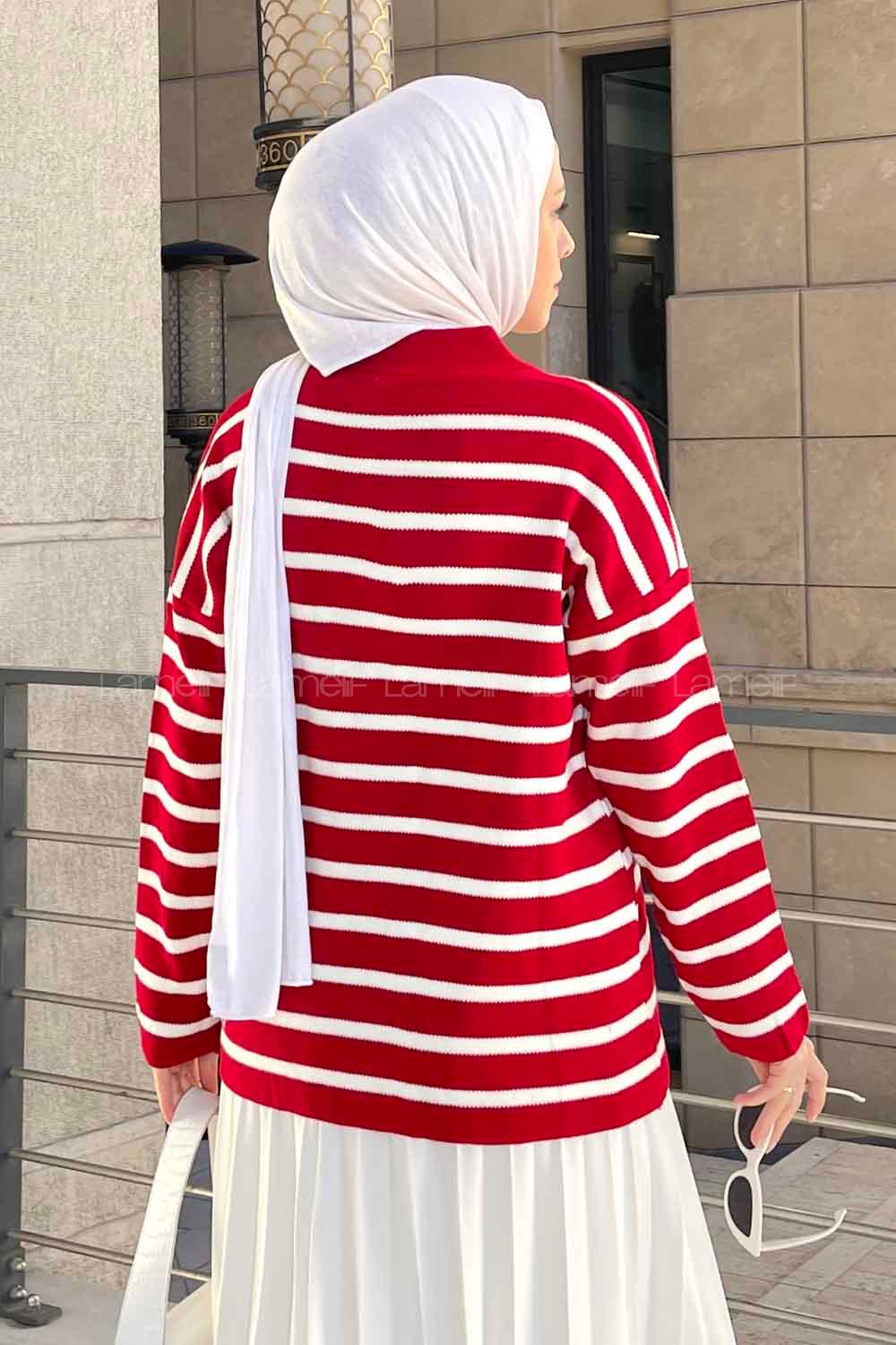 Lamelif  Aliisha Çizgili Triko Kazak  Kırmızı