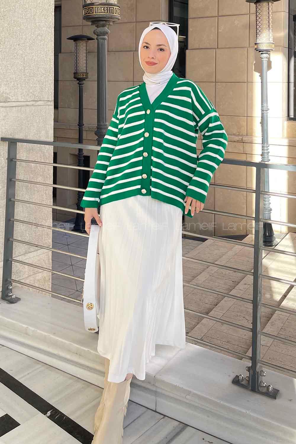 Lamelif  Aliisha Çizgili Triko Kazak Yeşil