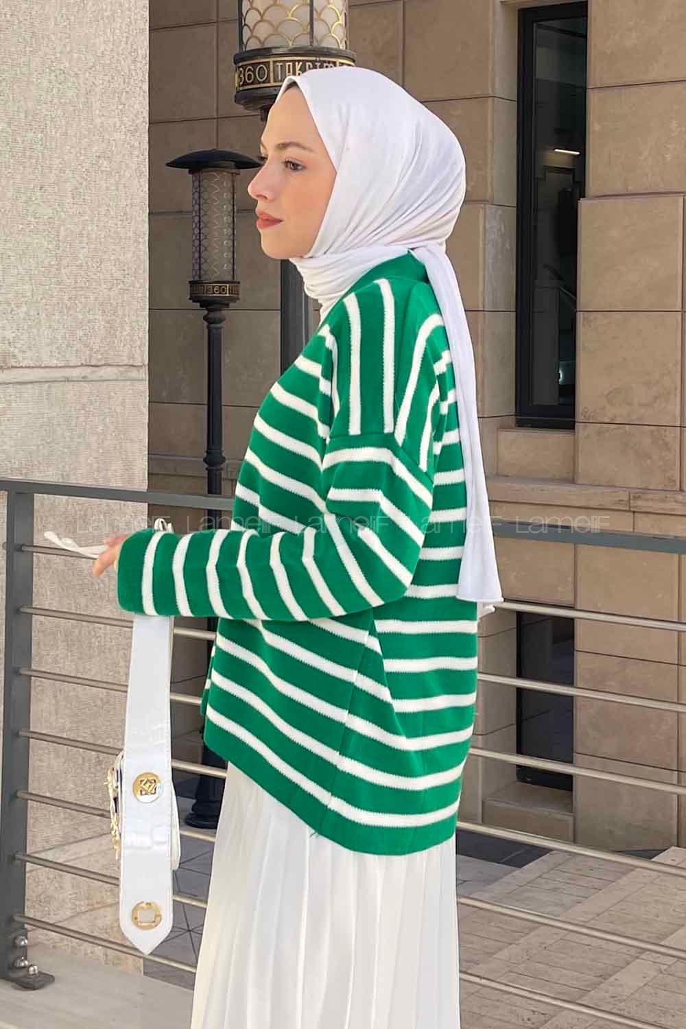 Lamelif  Aliisha Çizgili Triko Kazak Yeşil