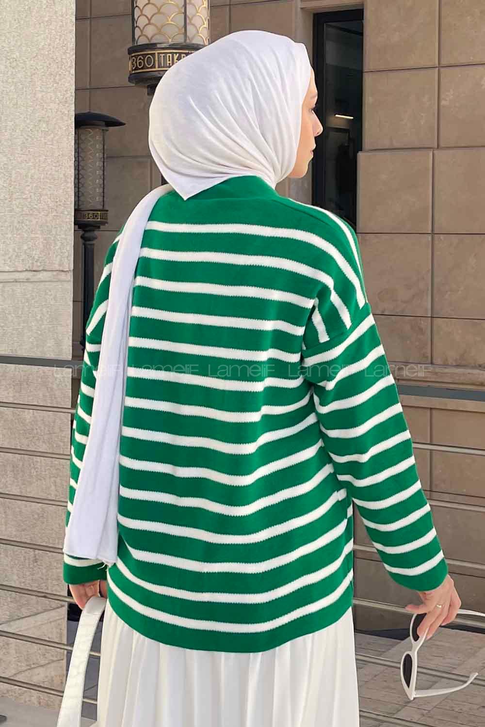 Lamelif  Aliisha Çizgili Triko Kazak Yeşil