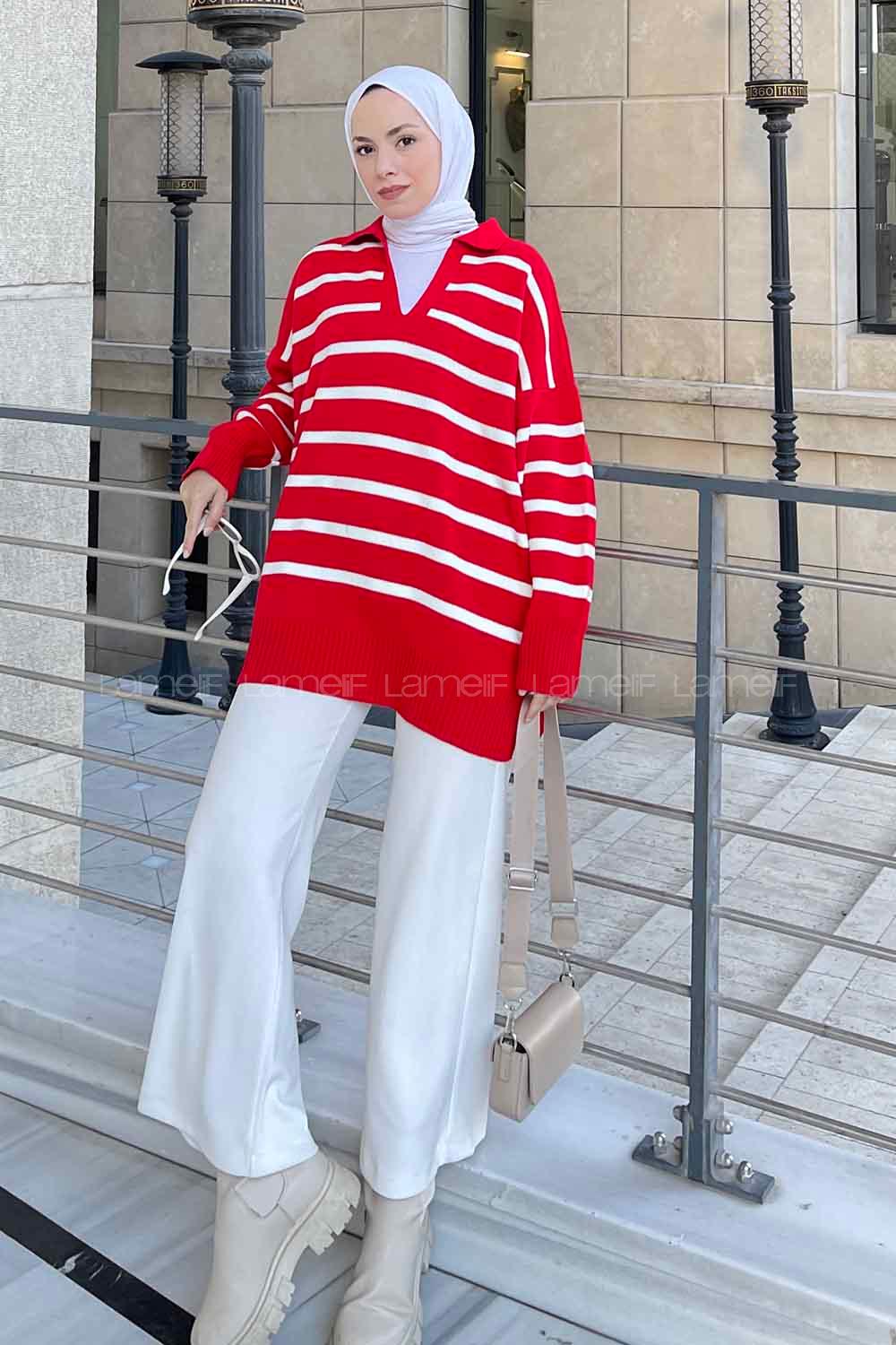 Red Polo Neck Collar Long Arm Jumper