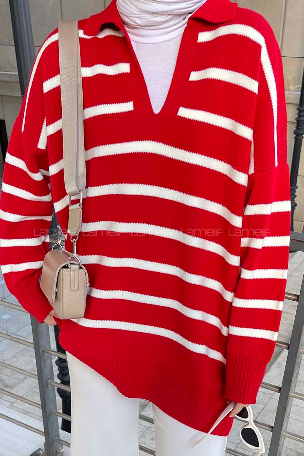 Red Polo Neck Collar Long Arm Jumper