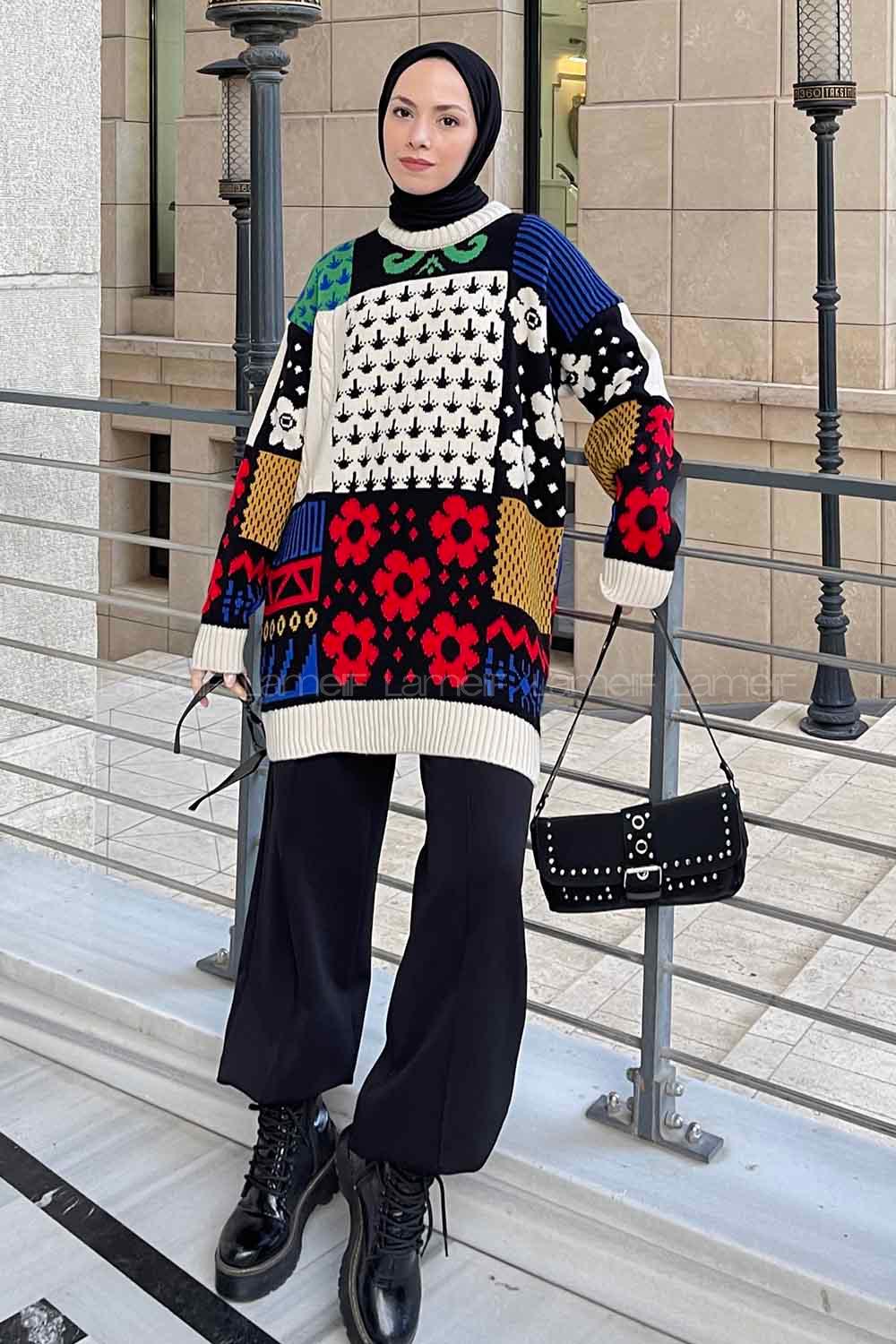 Lamelif Desenli Triko Kazak Krem