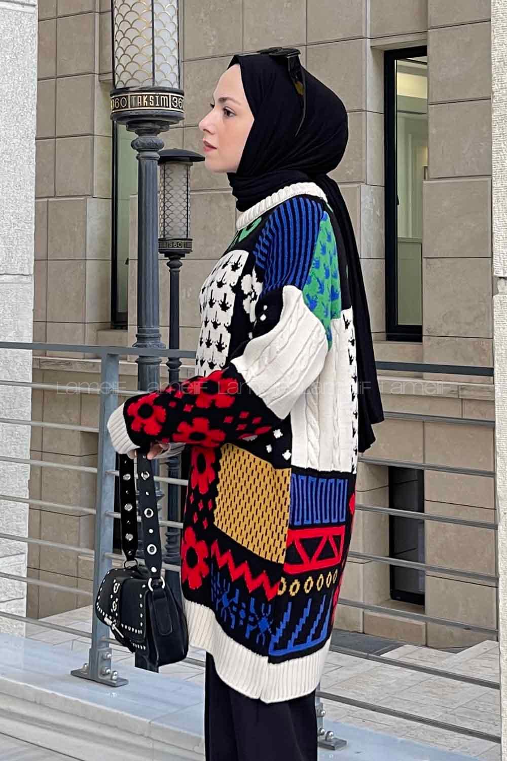 Lamelif Desenli Triko Kazak Krem