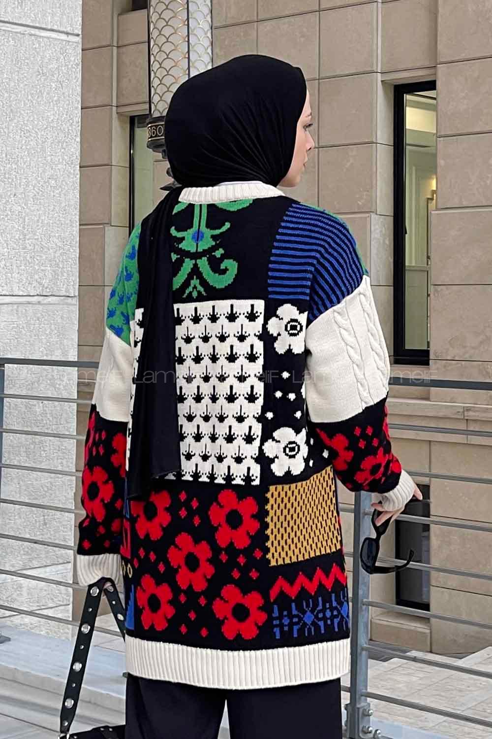 Lamelif Desenli Triko Kazak Krem