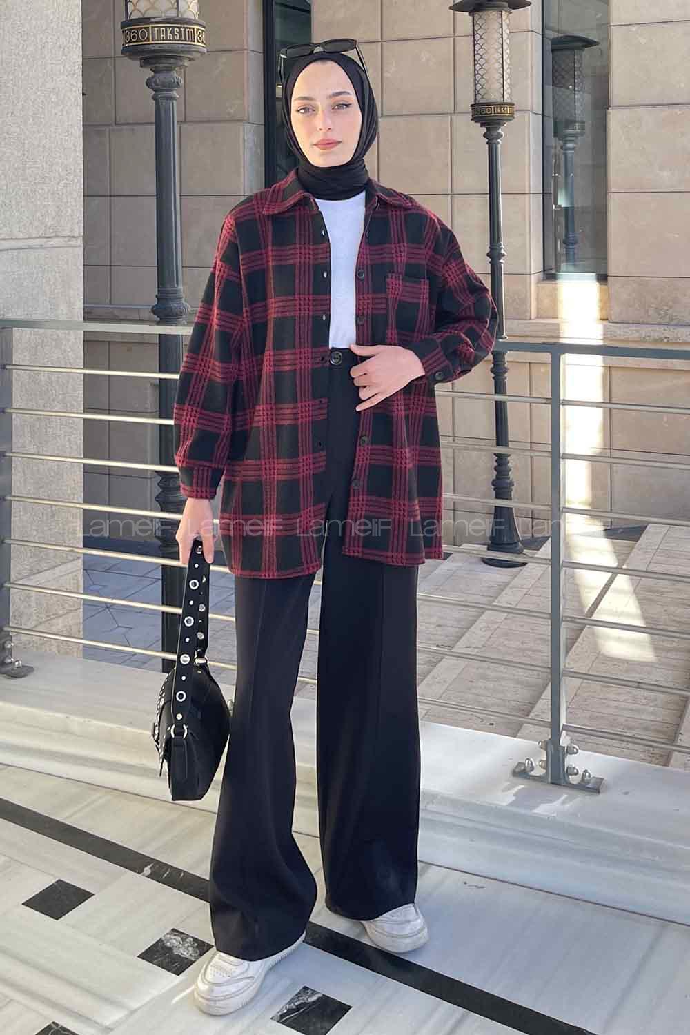 Lamelif Ekose Desen Gömlek Bordo