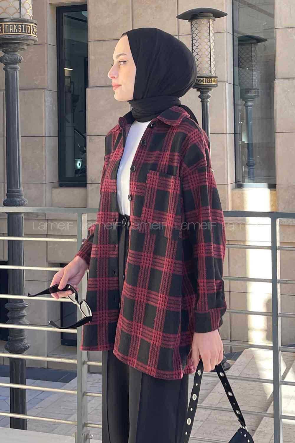 Lamelif Ekose Desen Gömlek Bordo