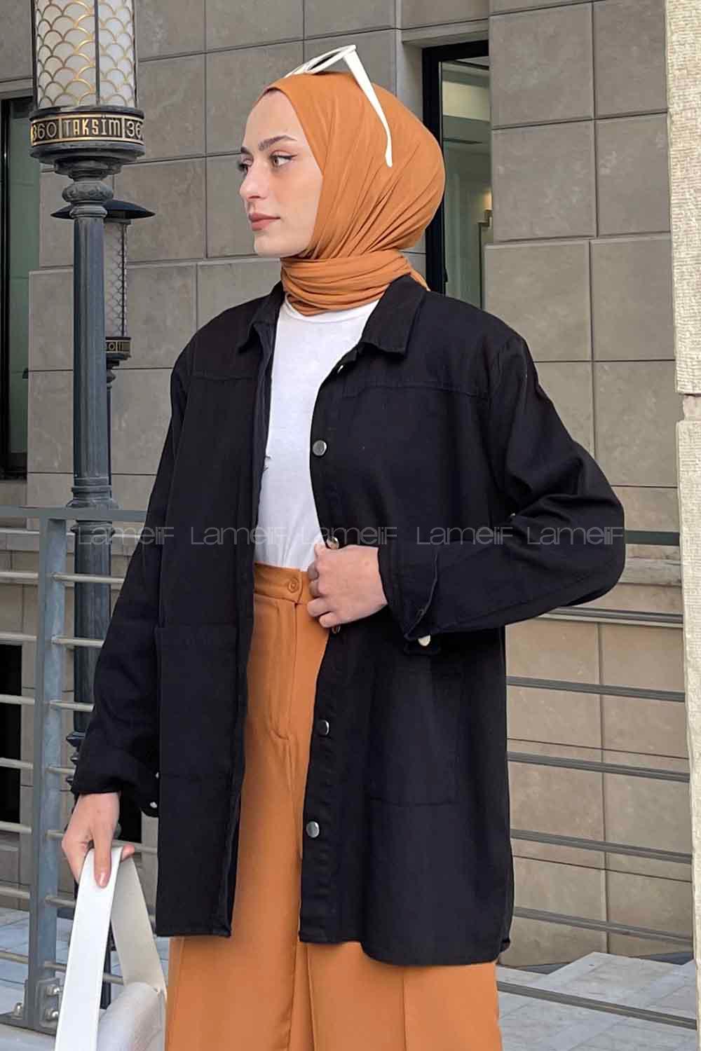 Black Shirt Collar Long Arm Gabardin Unprinted Shirt