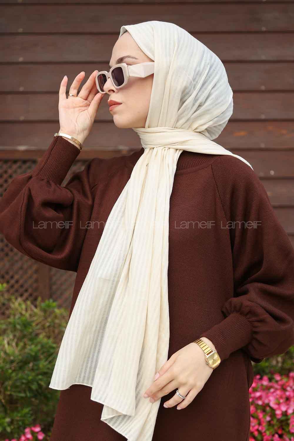 Ecru Cotton Striped Shawl