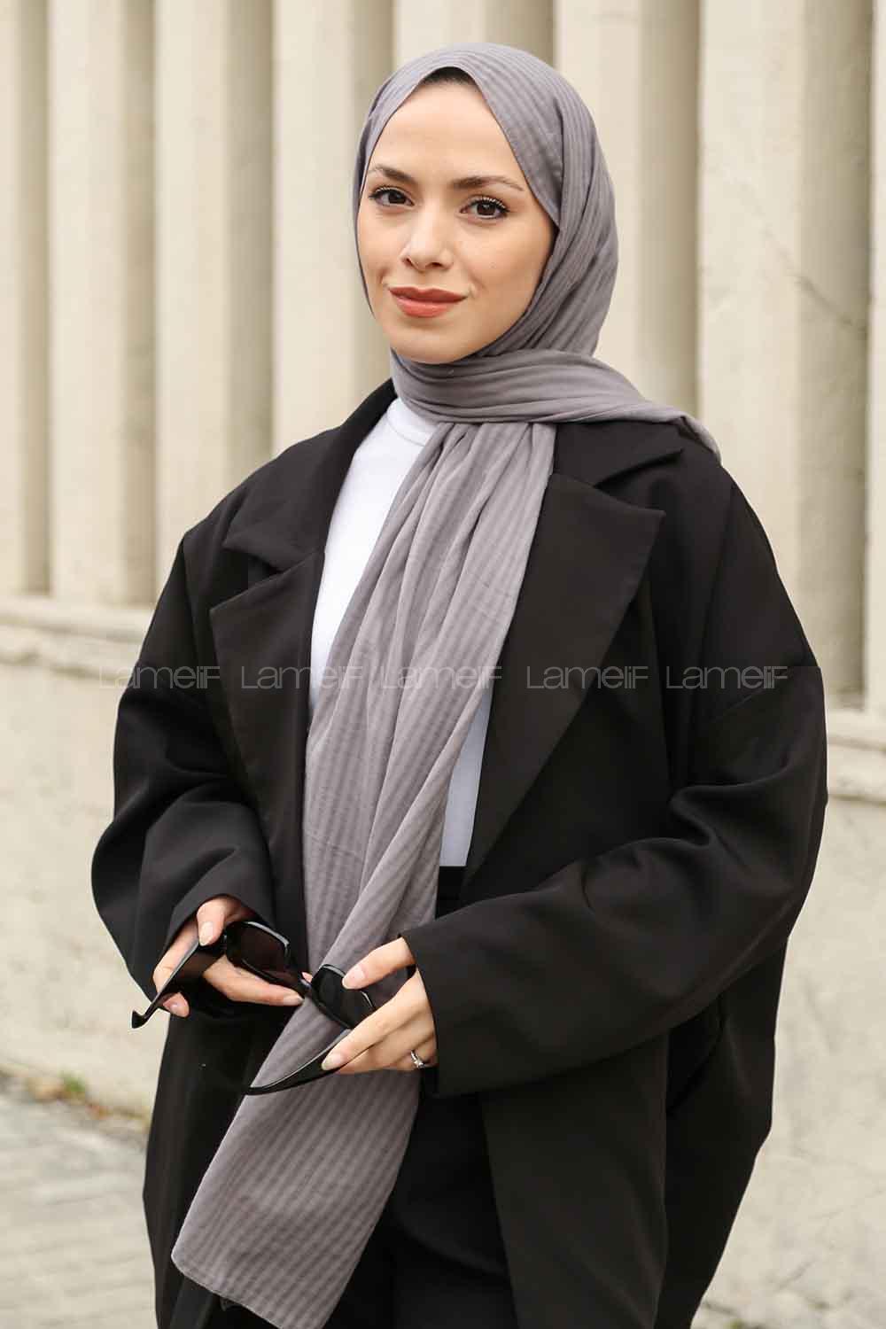 Gray Black Cotton Striped Shawl