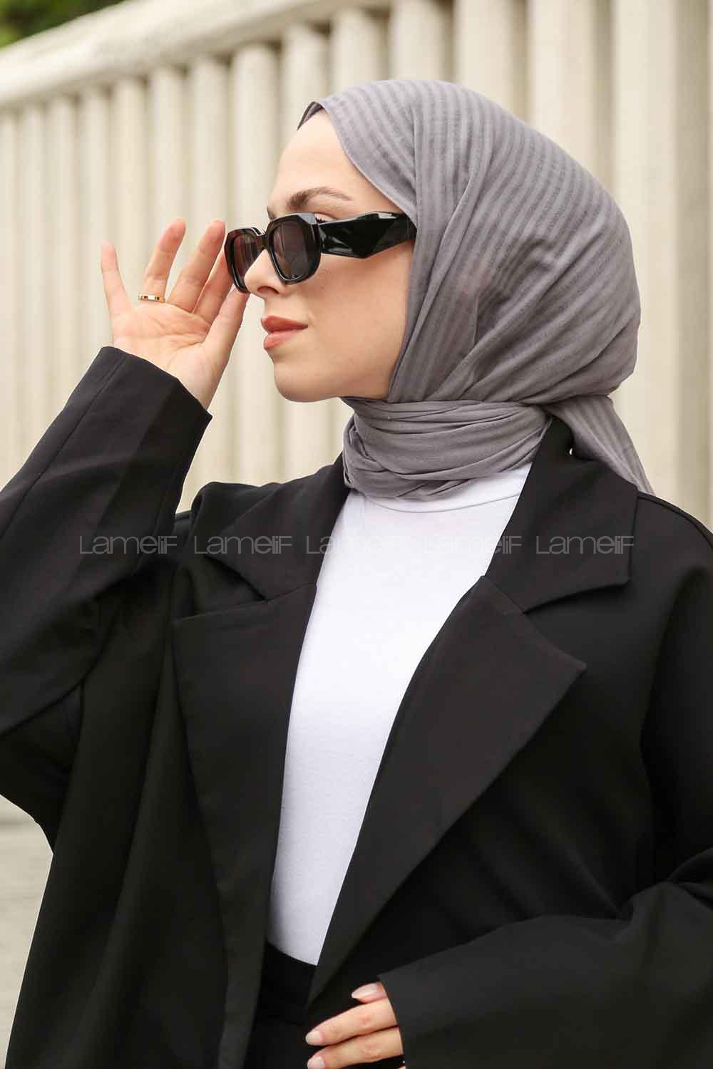 Gray Black Cotton Striped Shawl