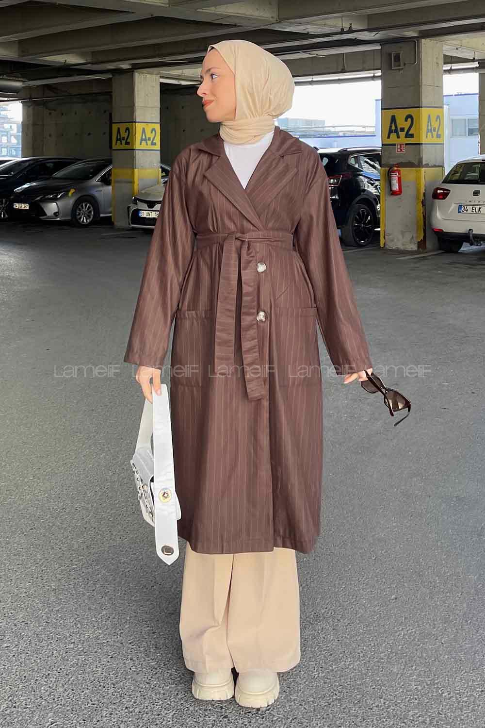Lamelif Cuerpo Çizgi Detaylı Trençkot Acı Kahve