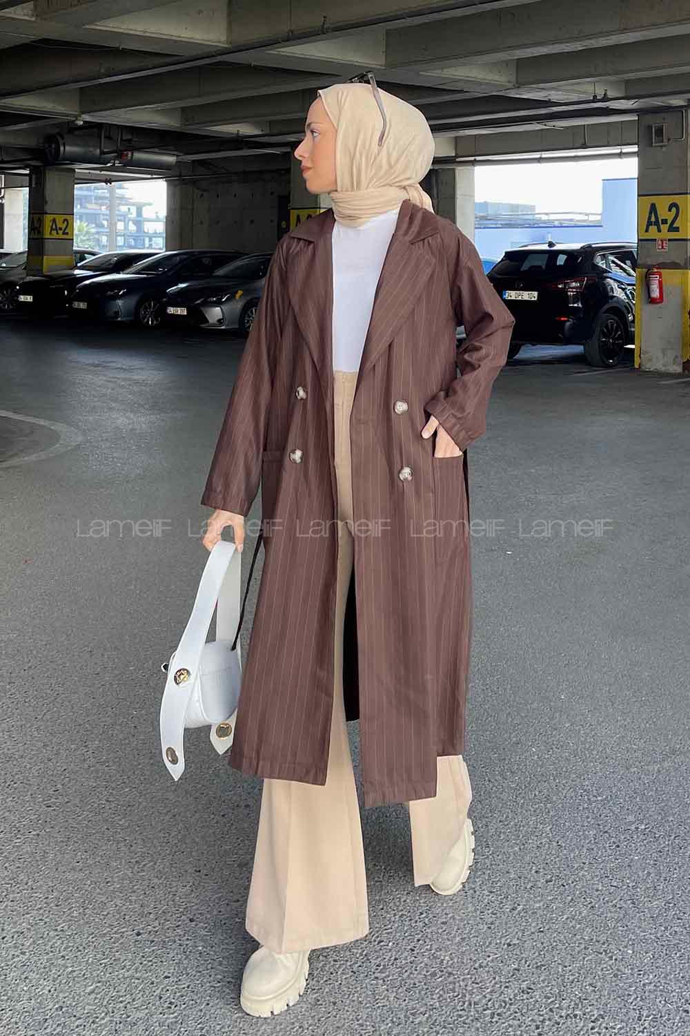 Lamelif Cuerpo Çizgi Detaylı Trençkot Acı Kahve