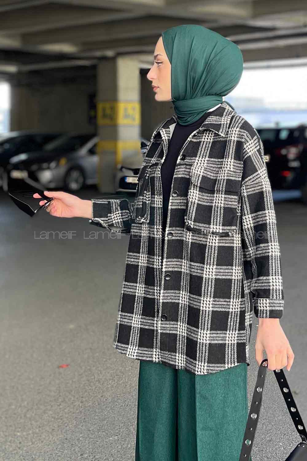 Modalamelif Ekose Desen Kapak CepDetaylı Gömlek Gri Siyah