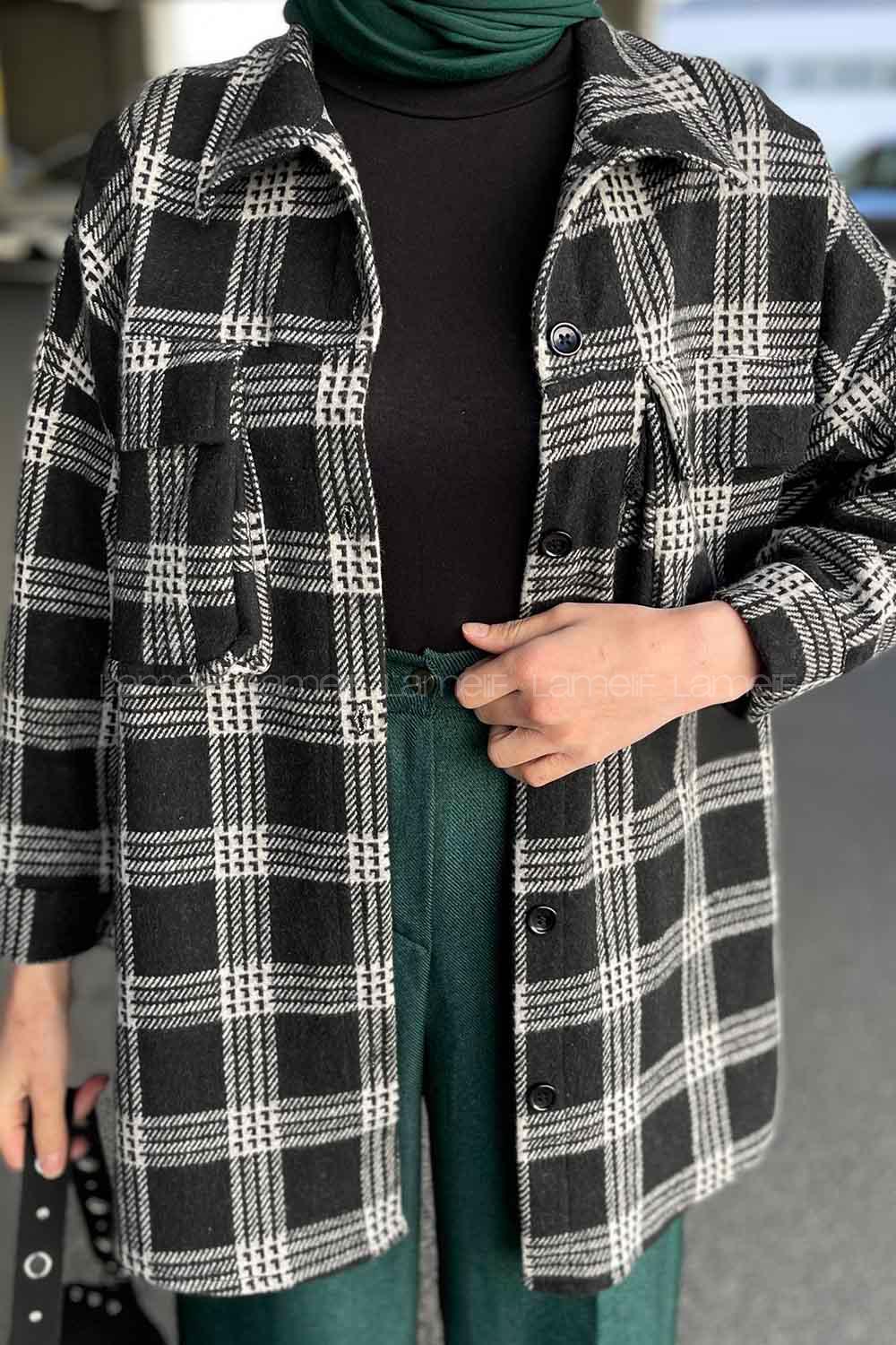 Modalamelif Ekose Desen Kapak CepDetaylı Gömlek Gri Siyah