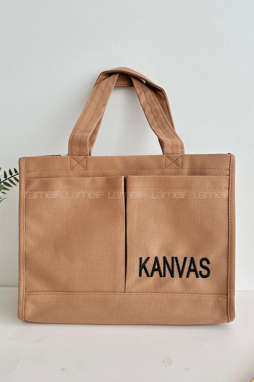 Lamelif Kanvas Nakışlı Kadın Çapraz Çanta Camel