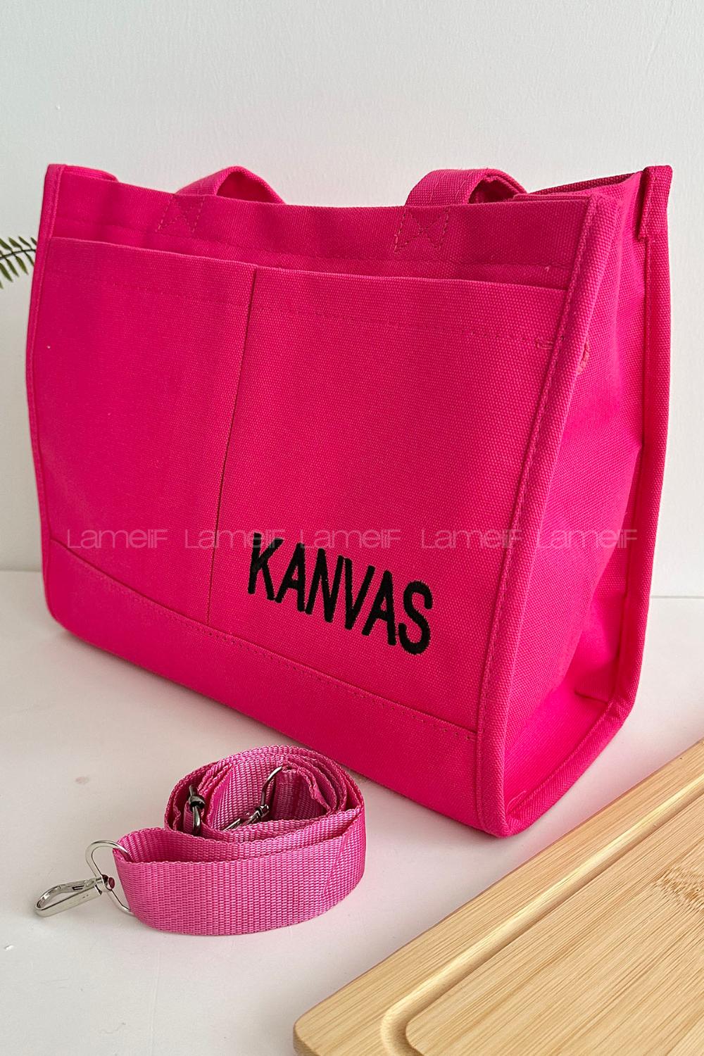 Lamelif Kanvas Nakışlı Kadın Çapraz Çanta Fuşya