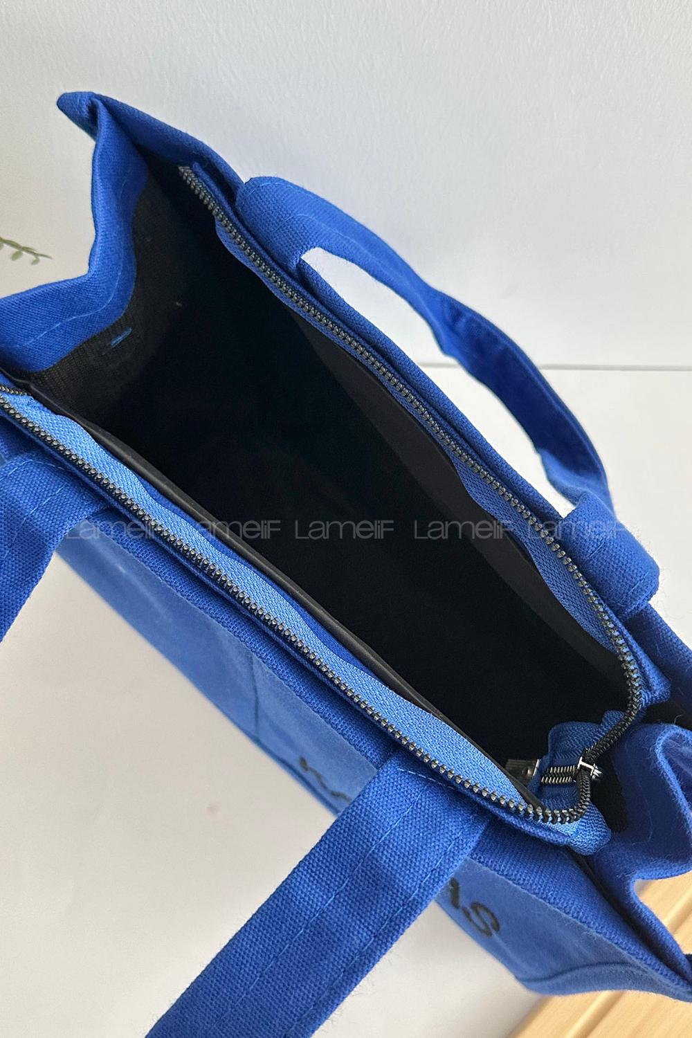 Lamelif Kanvas Nakışlı Kadın Çapraz Çanta Saks Mavisi