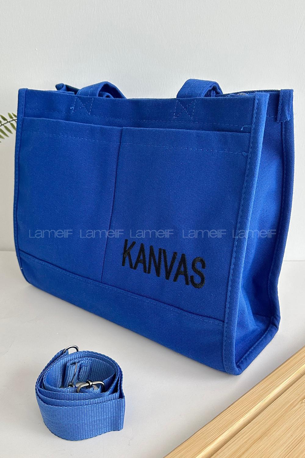 Lamelif Kanvas Nakışlı Kadın Çapraz Çanta Saks Mavisi