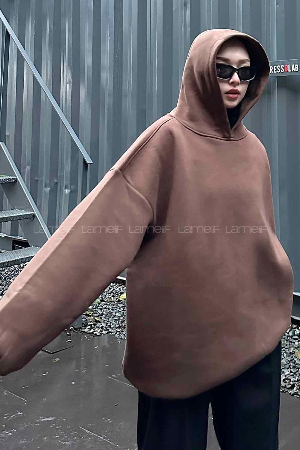 Lamelif Kapüşonlu Salaş Sweatshirt Acı Kahve