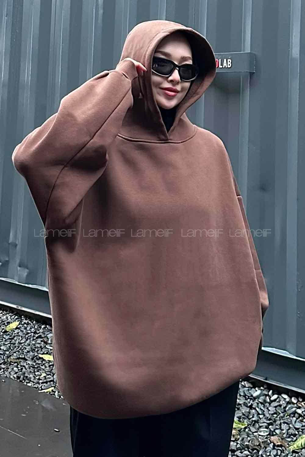 Lamelif Kapüşonlu Salaş Sweatshirt Acı Kahve