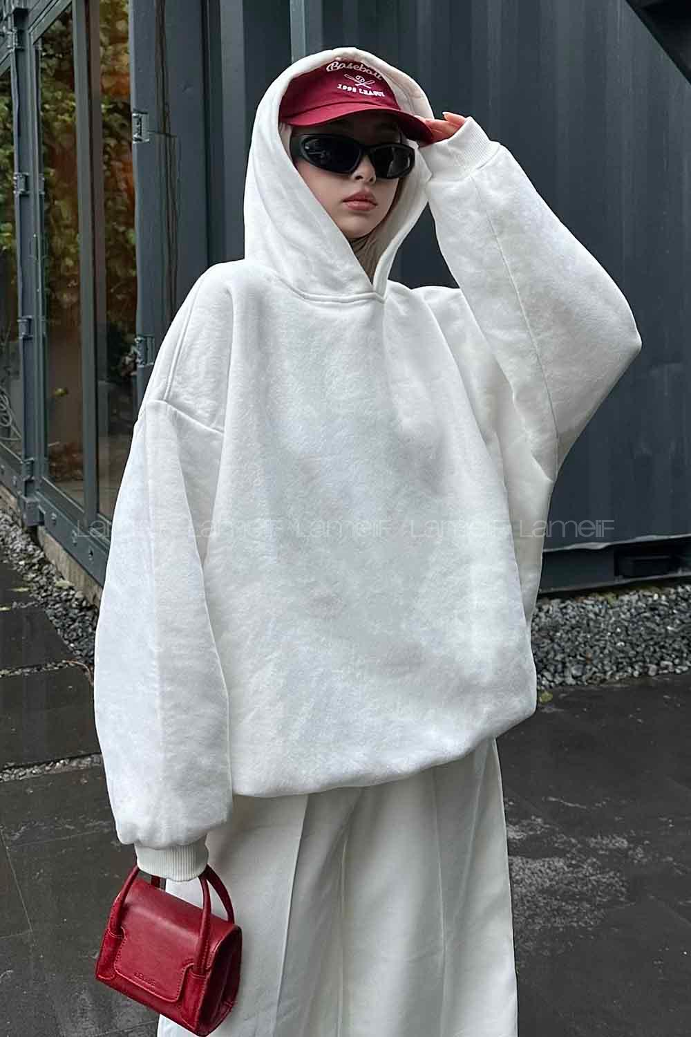 Lamelif Kapüşonlu Salaş Sweatshirt Beyaz