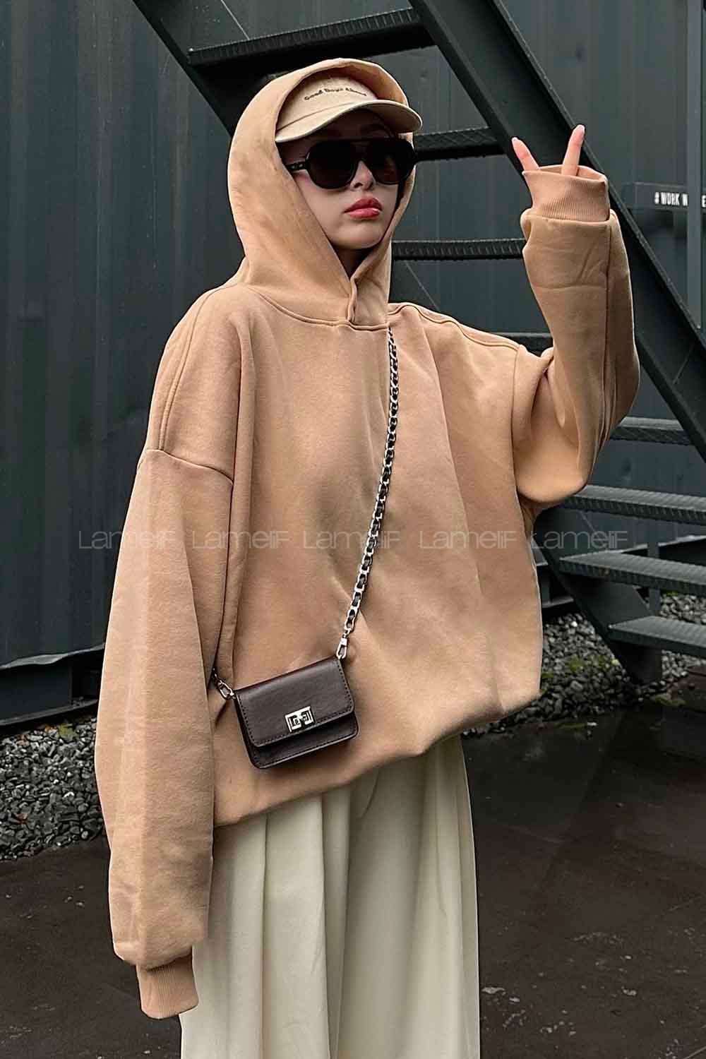 Lamelif Kapüşonlu Salaş Sweatshirt Sütlü Kahve