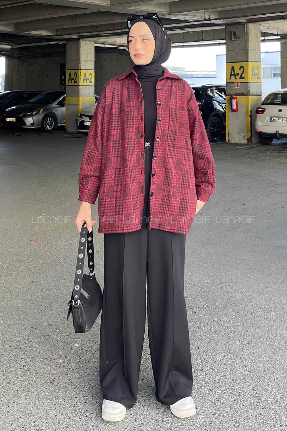 Claret Red Shirt Collar Long Arm Wool Cotton Fabric Printed Shirt