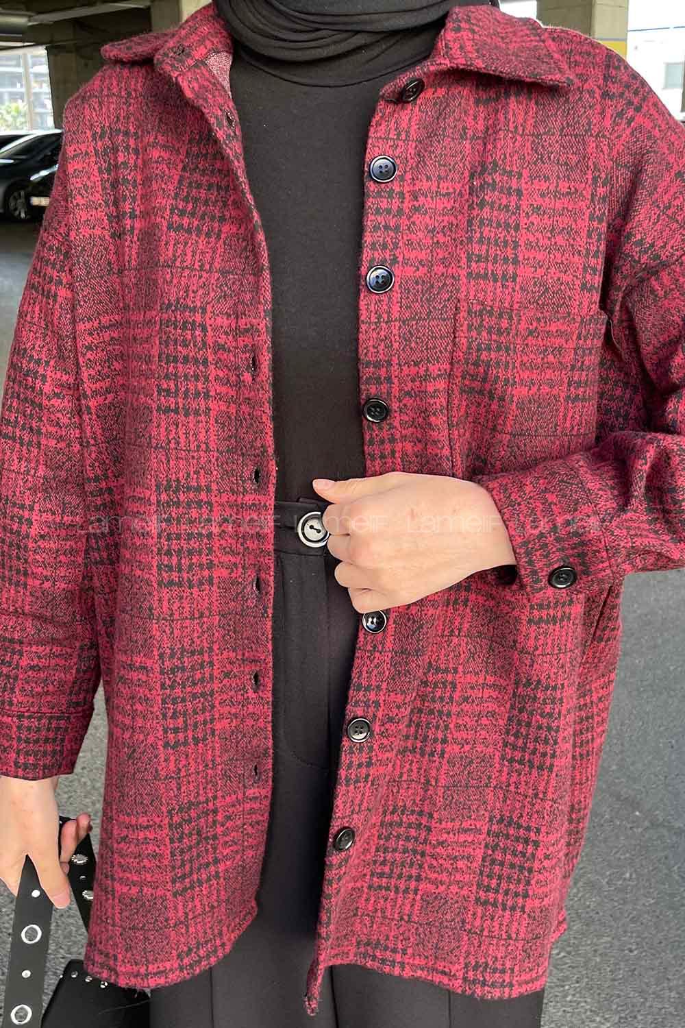 Claret Red Shirt Collar Long Arm Wool Cotton Fabric Printed Shirt