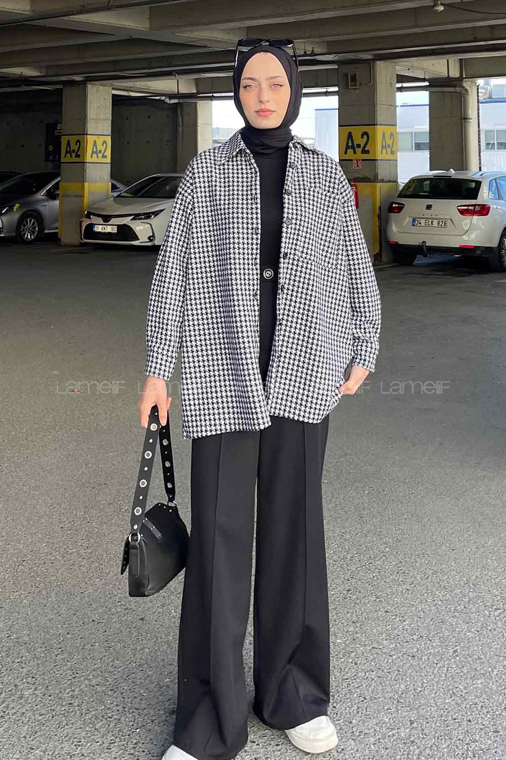 Lamelif Kazayağı Desen Gömlek Siyah- Beyaz