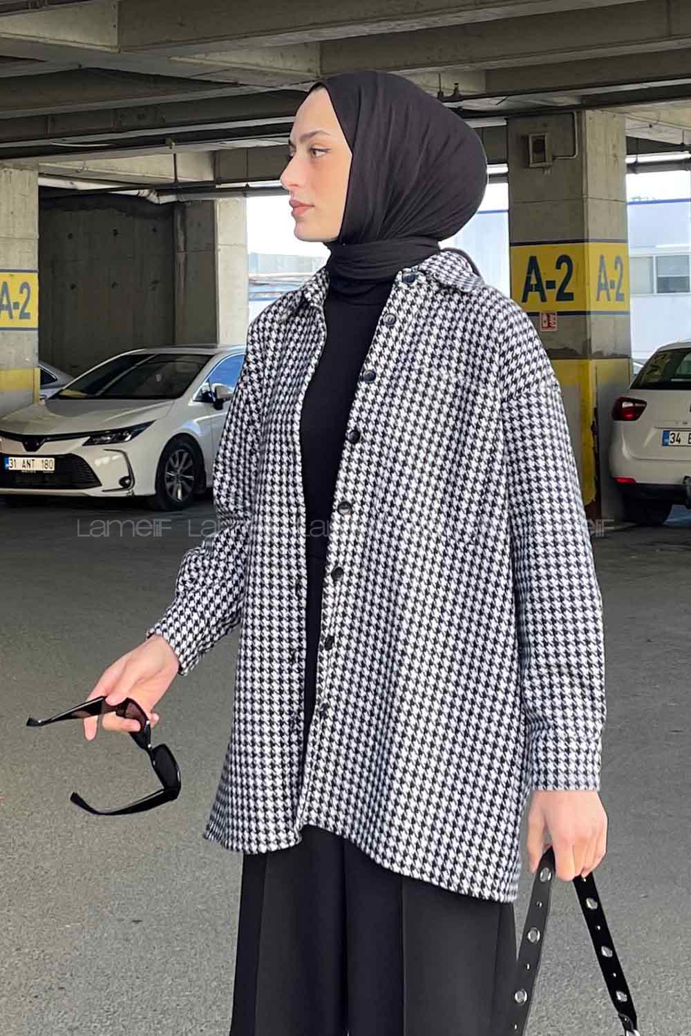 Lamelif Kazayağı Desen Gömlek Siyah- Beyaz