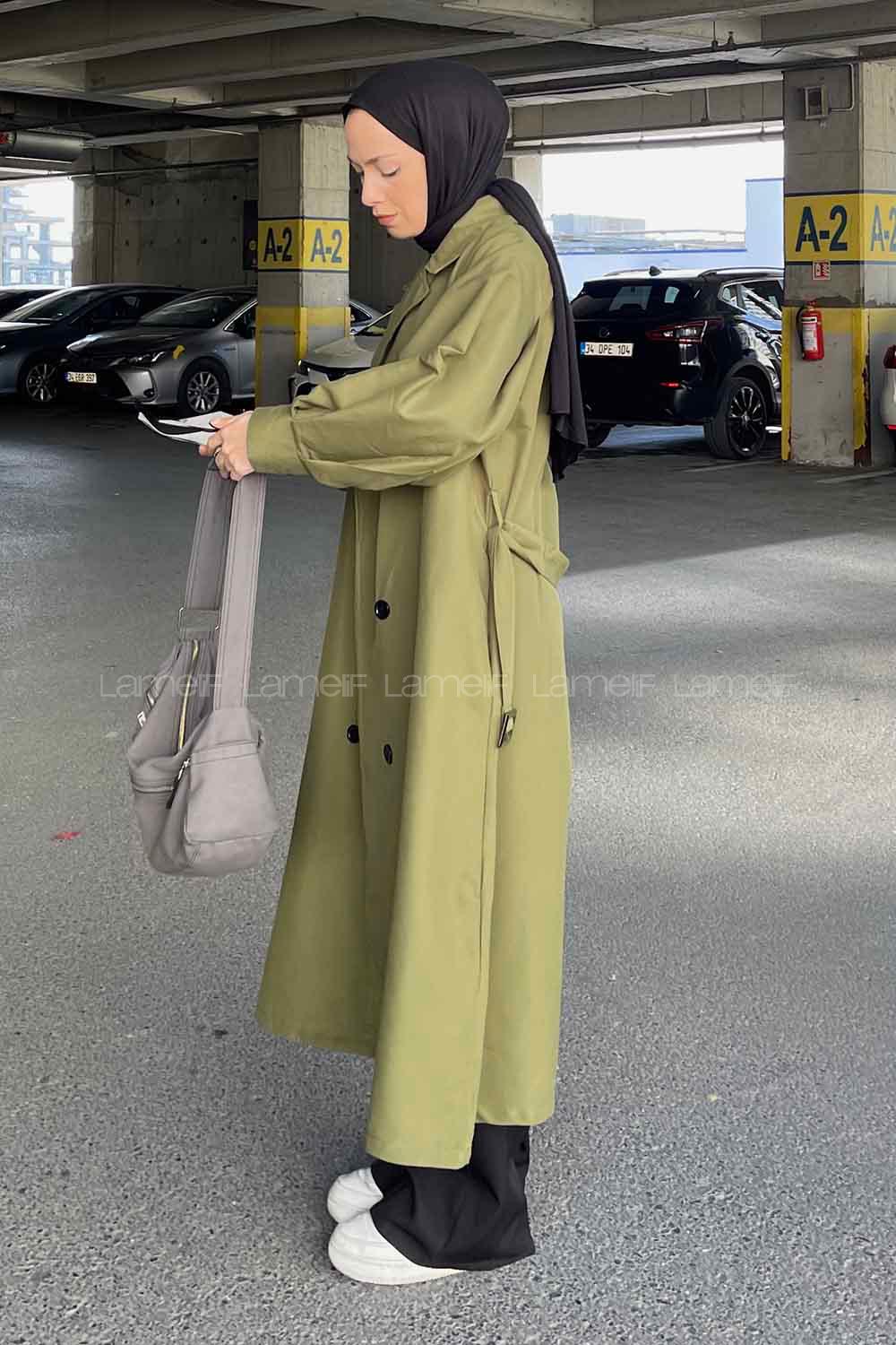 Lamelif Önü Düğmeli Mevsimlik Trençkot Haki
