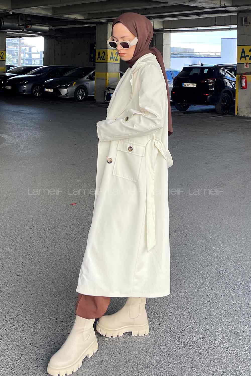Lamelif Pelican Ön Düğmeli Trençkot Krem
