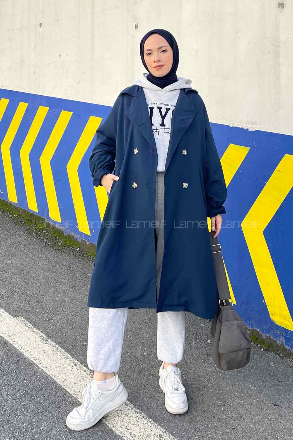 Lamelif Rüzgarlık Detaylı Omuz Apoletli Trençkot Lacivert
