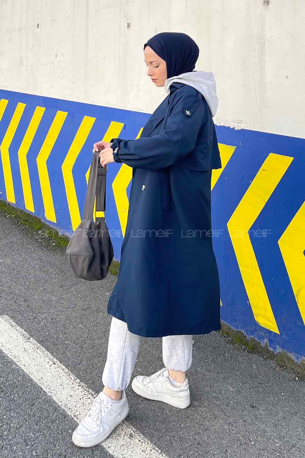 Lamelif Rüzgarlık Detaylı Omuz Apoletli Trençkot Lacivert